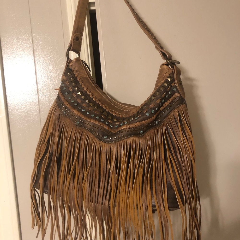 Montana West Tan Fringed Studded Shoulder Bag